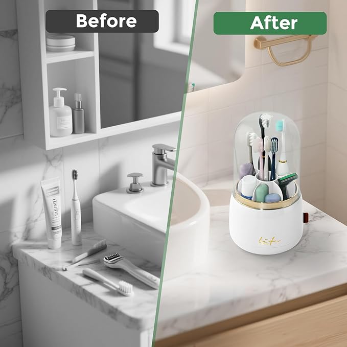 Toothbrush Holders for Bathrooms, Rotating 7 Slots Toothbrush Holder with Cover, Kids Electric Toothbrush and Toothpaste Holders for Caddy for Bathroom Vanity, Sink, Countertop, White