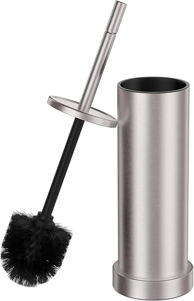Brushed Nickel Toilet Brush and Holder Set, 304 Stainless Steel Toilet Brush for Bathroom, Heavy Duty Toilet Bowl Brush with Holder, Removable Inner Bowl and Splash Protection, Long Handle