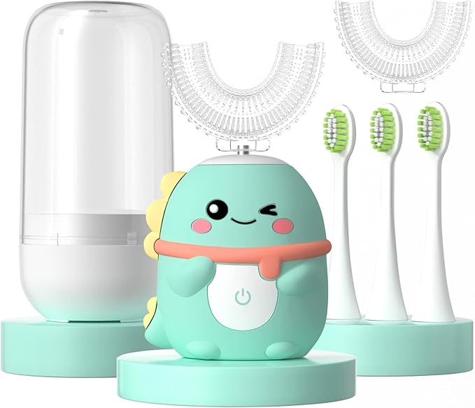 Kids Electric Toothbrush U Shaped Toddler Auto Sonic Toothbrushes with 5 Brush Head,Cartoon Dinosaur Ultrasonic Toothbrushes for Children 2-12 Years,360° Full Mouth Cleaning Automatic