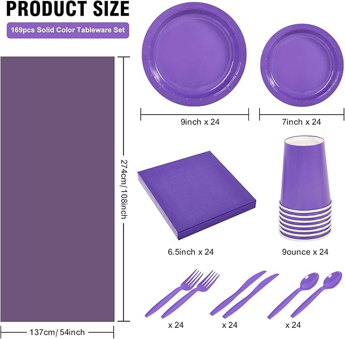 Ottin 169PCS Purple Christmas Party Supplies for 24 Guests – Disposable Paper Plates, Napkins, Cups, Forks, Knives, Spoons & Tablecloth for Birthday, Wedding, Thanksgiving, Christmas, and New Year