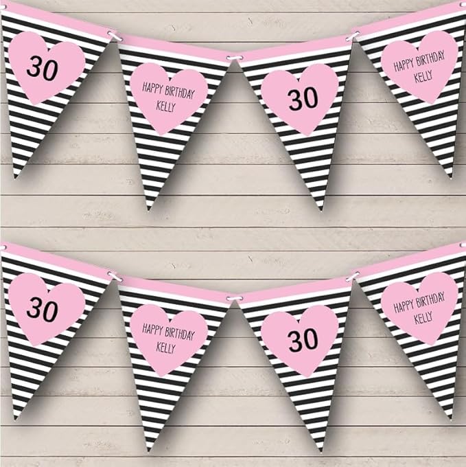 Black White Stripes Pink Heart Any Age Personalized Birthday Party Bunting - Hanging Party Decoration - Birthday Party Banner Garland | Decorative Party Supplies