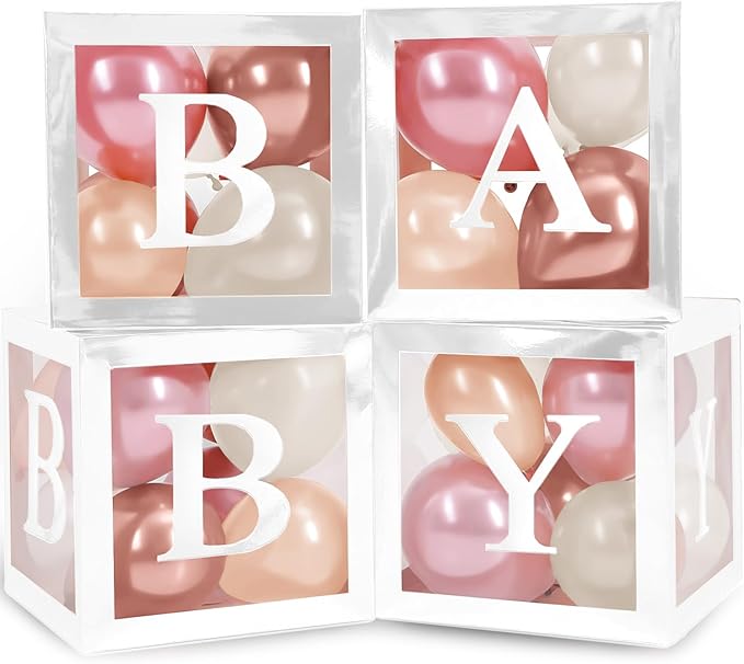 Baby Shower Boxes with Letters – White Boxes with Rose Gold, Dusty Pink, Sand & White Balloons – 44-Piece Gender Reveal & Party Decoration Set by Vellax