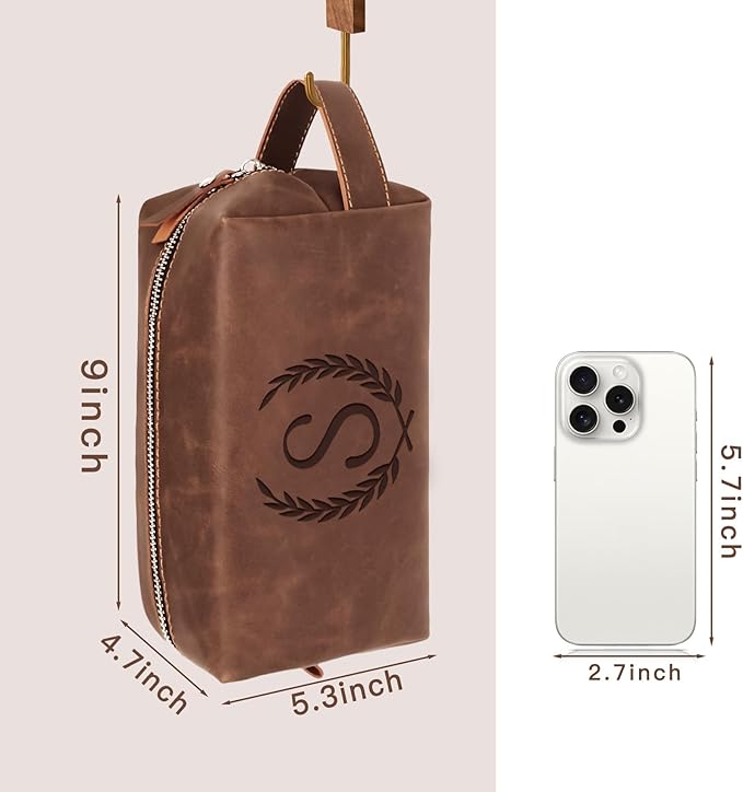 Personalized Mens Toiletry Travel Bag Valentines Easter Fathers Day Birthday Gifts for Him, Custom Initial Waterproof PU Leather Shaving Bag for Dad Husband Boyfriend Groomsmen Reddish Brown M