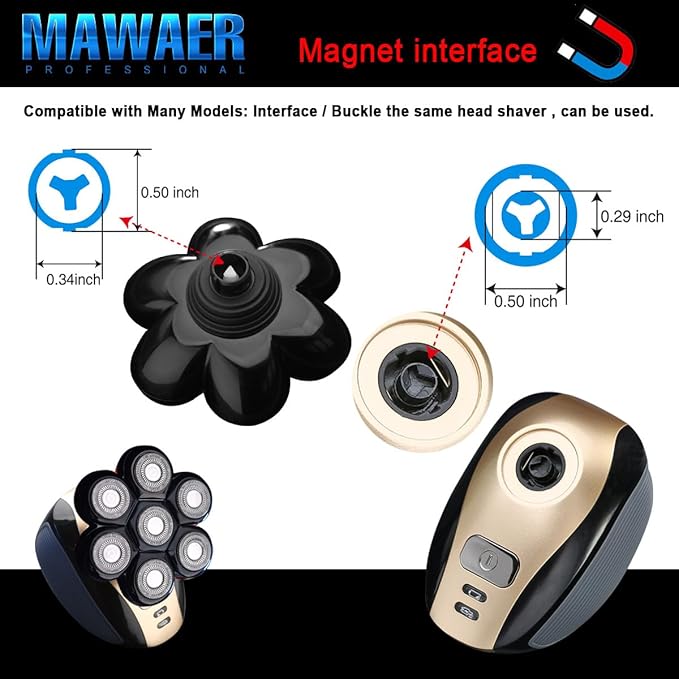 Universal Magnetic Interface 7 Blades Head Shaver Replacement Heads for Freedom Series Head Shaver, Universal Replacement Heads Wet and Dry (7 Blades, Magnetic Interface)