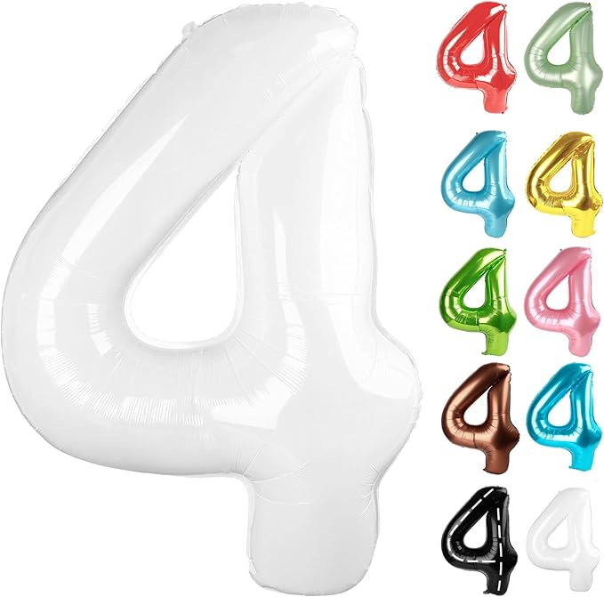 White Number 4 Balloon 40 Inch, 4 Balloon Number, 4th Birthday Decorations, White Party Supplies for Boys Girls
