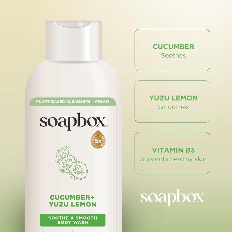 Soapbox Moisturizing Body Wash, Cucumber & Yuzu Lemon Shower Gel - Hydrating Natural Body Wash with Shea Butter - Clean Ingredients Free of Harsh Chemicals, Sulfates, Parabens & Silicones - 3 Pack