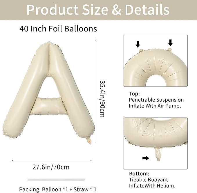 Biapian 40 Inch Giant Cream A Foil Balloon, Large Aluminum A Balloons Helium for Birthday, Baby Shower, Wedding, Anniversary Party Decoration