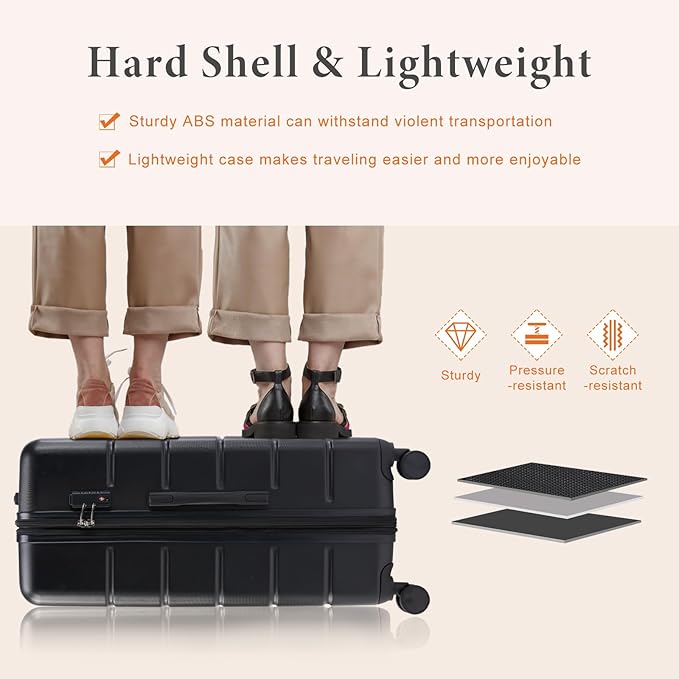 Sweetcrispy Carry on Suitcase, Luggage with Spinner Wheels, Hard Shell ABS, TSA Lock, 24 Inch Black
