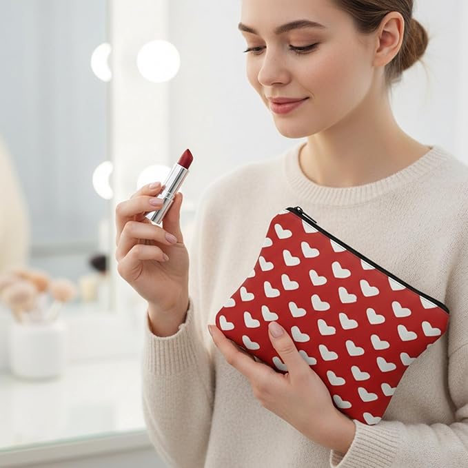 GRITOSE Valentine's Day Small Bag Red with Hearts designs Cosmetic Pouch with Zipper for Women Girls Romantic Valentines Gift Full Cover Work Toiletry Bags for Student Travel Accessories