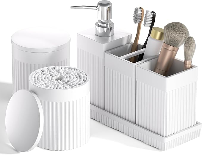 6-Piece White Bathroom Set - Modern Resin Bathroom Accessories Set with Soap Dispenser, Toothbrush Holder, Vanity Tray, Tumbler & Apothecary Jars for Small Spaces