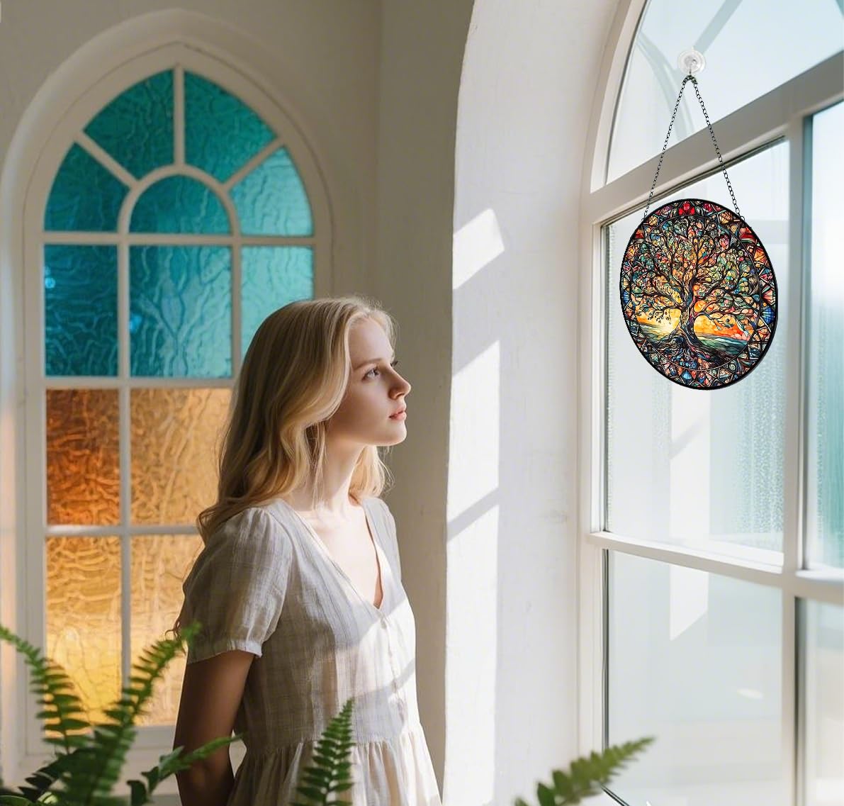 Tree of Life Suncatcher Indoor/Outdoor Stained Glass Window Hanging - Handmade Stained Glass Suncatchers for Windows Hanging - Decoration for Home Garden Christmas Party Wedding Housewarming Gifts