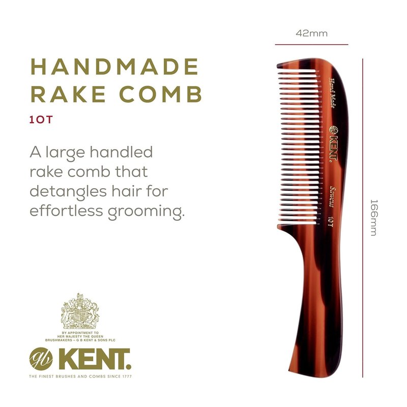 Kent 10T Graphite and Tortoise Large Detangler Comb, Handmade Wide Tooth Comb for Curly Hair, Detangling Combs For Wet and Dry Hair, Combs for Thick Hair, Saw-Cut and Hand Polished Made in England