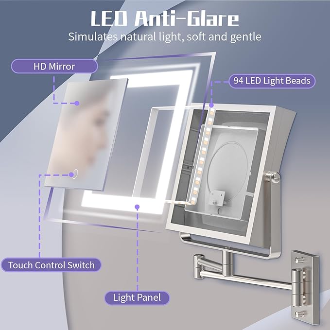 Wall Mounted Makeup Mirror with Lights 4000mAh Rechargeable Double Sided 1X/10X Magnifying Lighted Vanity Mirror with 3 Color Lights & Touch Dimmable 360° Rotation Extension Swing Arm for Bathroom