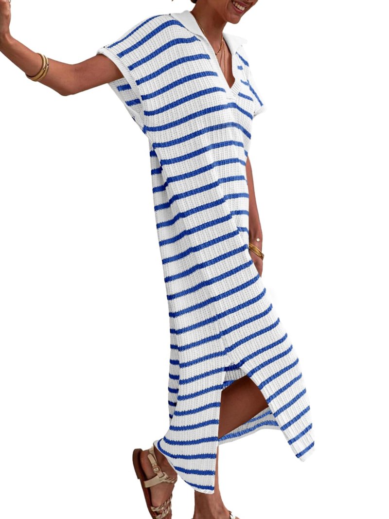 Saodimallsu Womens Striped Summer Dresses Short Sleeve V Neck Knit Collared Sexy Slit Loose Maxi Sweater Dress Blue
