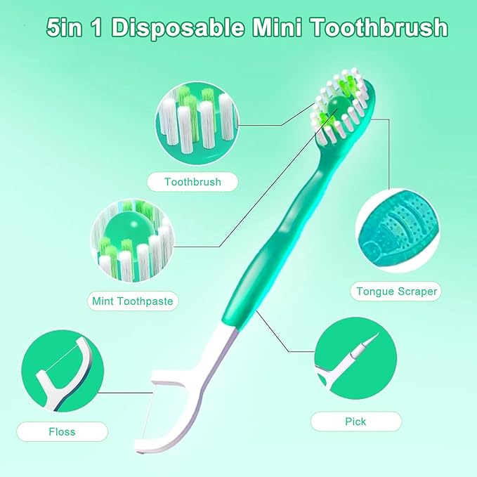 5 in 1 Toothbrush & Floss, 26Pcs mini toothbrushes with Toothpaste, All in one Oral Care on The go, 5 in 1 mini Brush, Toothpaste and Floss, Disposable Travel Toothbrush Set (2)