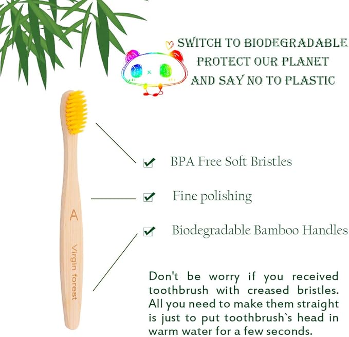 Virgin Forest Kids Bamboo Toothbrushes, Biodegradable Handle, BPA-Free Soft Bristles, Children Size Set of 4 (4 Colors)