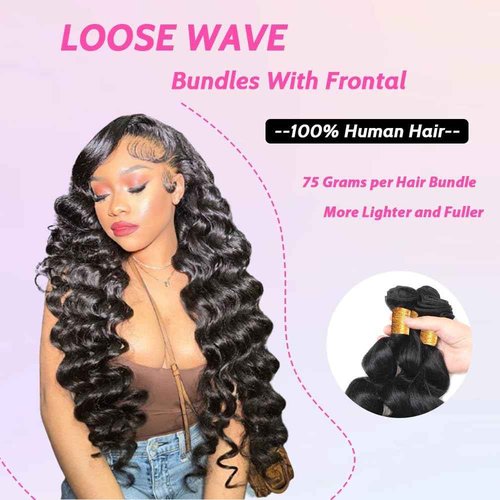 Weydlor Loose Body Wave Bundles Human Hair with Frontal (14 16 18+12) 12A Grade 100% Body Wave Human Hair Extensions 13x4 Lace Frontal Human Hair 180% Density Natural Black