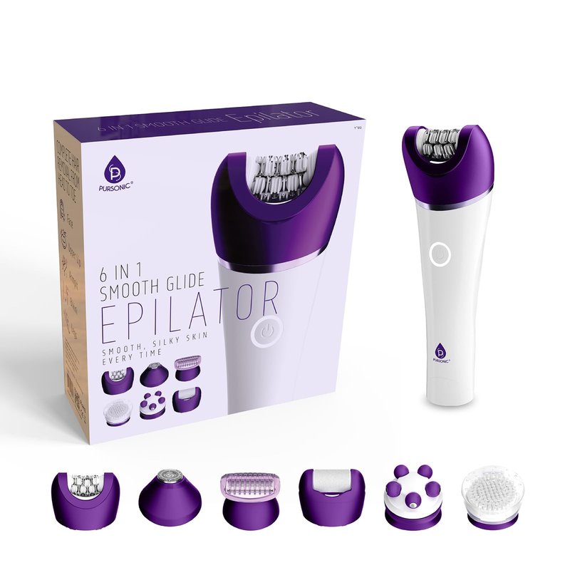 Pursonic 6-in-1 Smooth Glide Epilator for Women, Wet & Dry Electric Hair Removal Device with LED Light, Callus Remover, Exfoliating Brush, Shaver Head, Massage Attachment, Rechargeable Battery