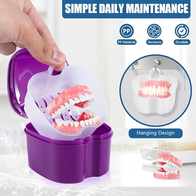 2 Pack Denture Bath Case Cup Box Holder Storage Container with Denture Cleaner Brush Strainer Basket for Travel Cleaning (Pink and Purple)