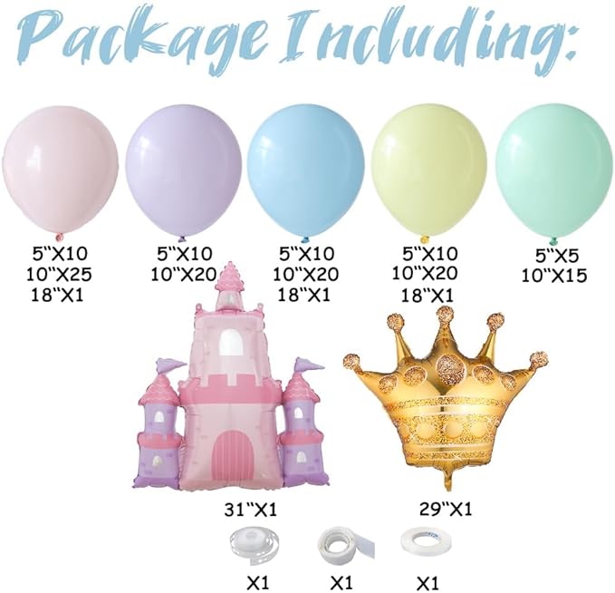 Princess Birthday Party Decorations 150Pcs Pastel Macaron Balloon Arch Garland Kit with Crown and Castle Foil Balloon for Princess Theme Birthday Party Decorations