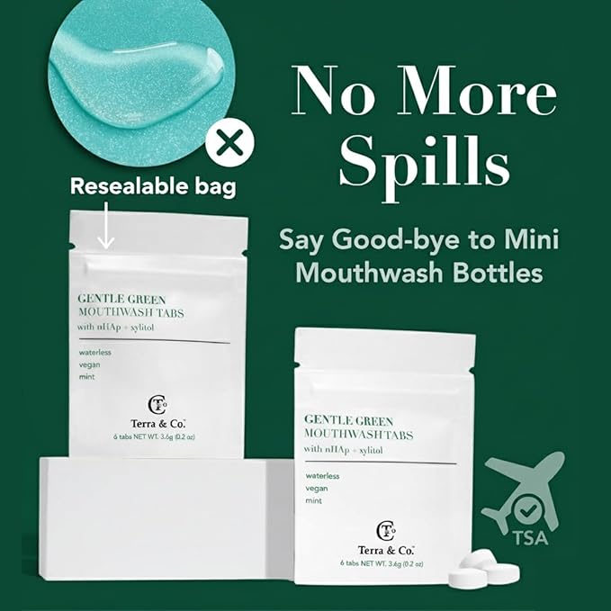Terra & Co. Gentle Green Mouthwash Tablets – 10 Travel Sachets with 6 Fluoride-Free Tabs Each – Nano-Hydroxyapatite for Oral Health – TSA-Compliant, Plastic-Free, Mint Flavor, Eco-Friendly