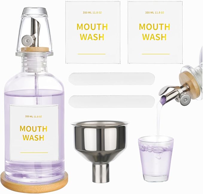 RELBRO Glass Mouthwash Dispenser for Bathroom, 11.8 OZ Refillable Mouthwash Container with Cup, Auto Pour Spout, Bamboo Tray, Funnel, Stickers, Clear, 1 Pcs