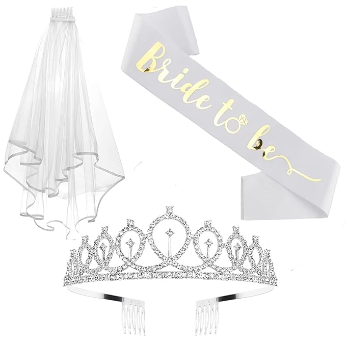 Crown + Bride to Be Sash, Veil Set - Bachelorette Party Favors, Wedding Decorations, Bridal Shower Gifts for the Bride