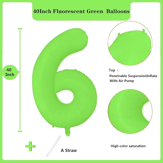 Fluorescent Green Number Balloon 40 inch Giant Foil Helium Balloons Green Number 6 Balloon for 6th Birthday Party Decorations