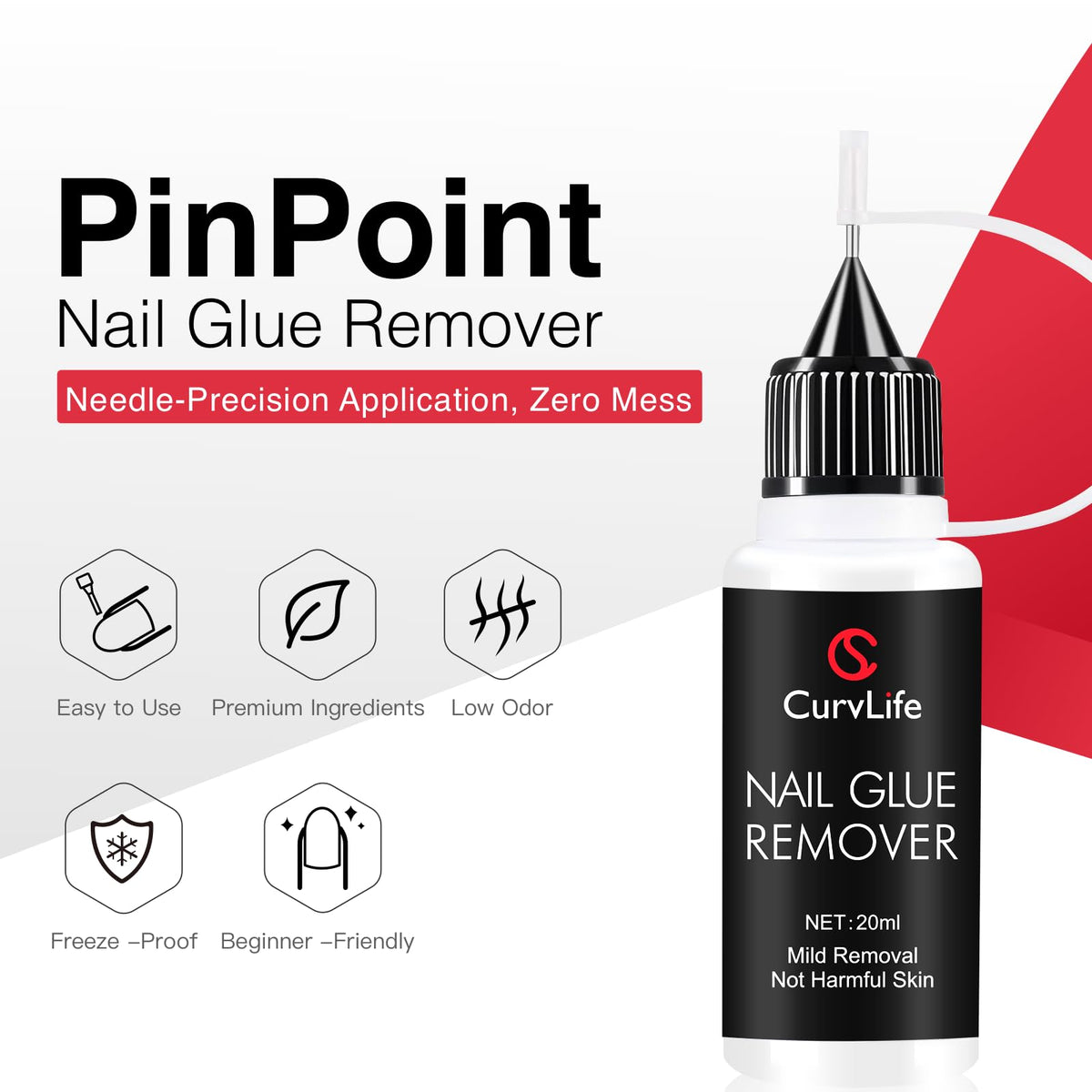 Curvlife 20ml Pinpoint Nail Glue Remover for Press on, Multi-Functional Remover for Nails Tips, Gentle Glue Remover for Gel x Nails, Non-Acetone Nail Polish Remover