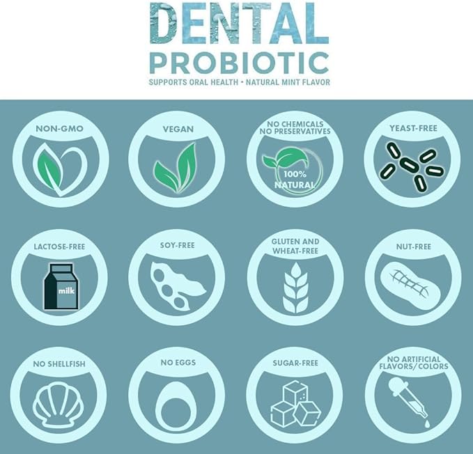 Dental Probiotic, 30 Sugar Free Chewable Tablets, Mint Flavor - Vegan Supplements w/BLIS K12 & M18 - Boosts Oral Health - Fights Bad Breath (Halitosis), Tooth Decay, Strep Throat