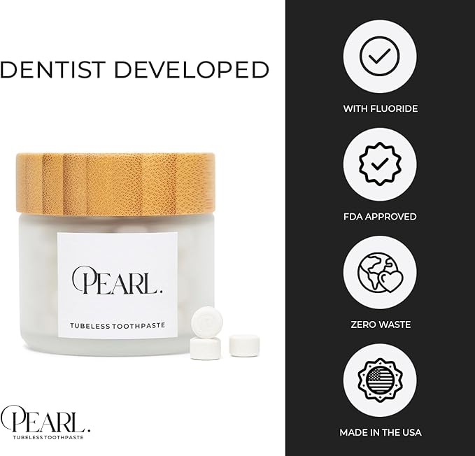 Pearl Fluoride Mint Toothpaste Tablets | Dentist Developed | Natural Whitening | Sensitivity Relief | TSA Approved | Plastic-Free | Reusable Packaging (62 Tablets)
