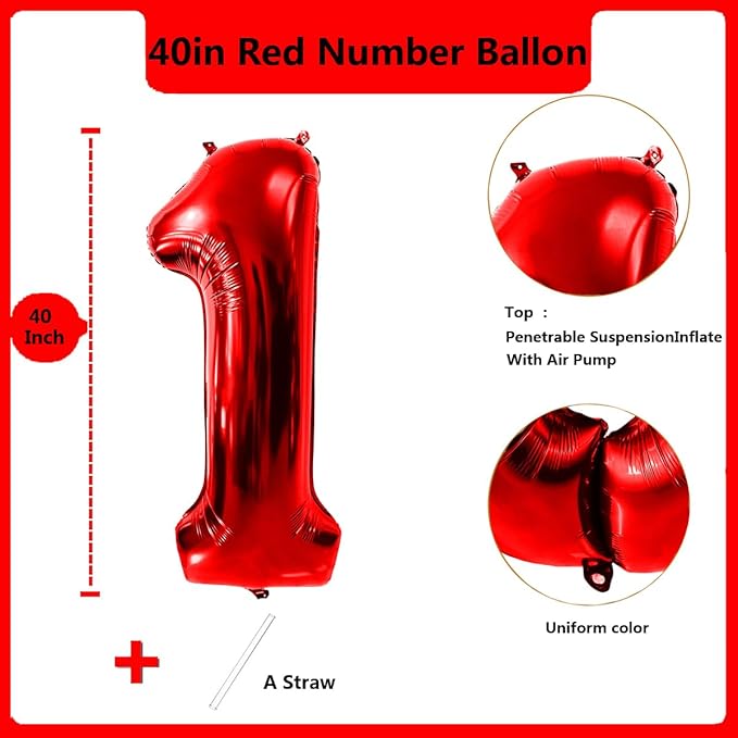 40 Inch Red Number 1 Balloon Large Red Foil Balloon Red 1 Balloons Mylar Helium Balloon for 1st Birthday Party Decorations Girls Boys Baby Shower Wedding Anniversary Decoration