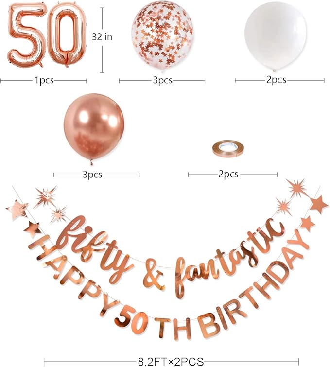 Fifty & Fantastic Rose Gold 50th Birthday Banner, Garland, Foil Balloon, Decorations, Hanging, Cheers to 50 Years Old Party Supplies Backdrop