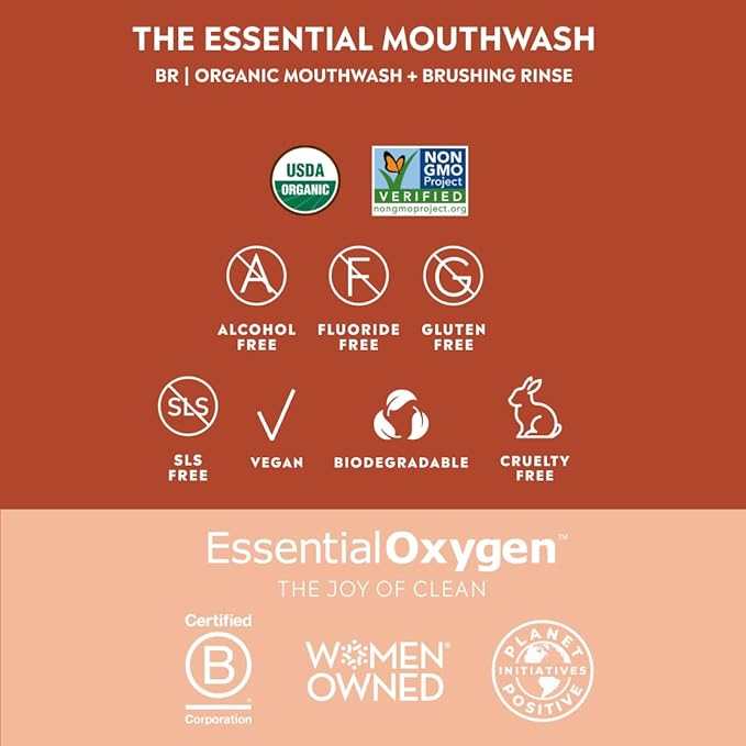 Essential Oxygen, BR Organic Brushing Rinse and Mouthwash, Cinnamint, 32 fl oz, for Whiter Teeth, Fresher Breath and Happier Gums, Alcohol-Free Oral Care (Pack of 1)