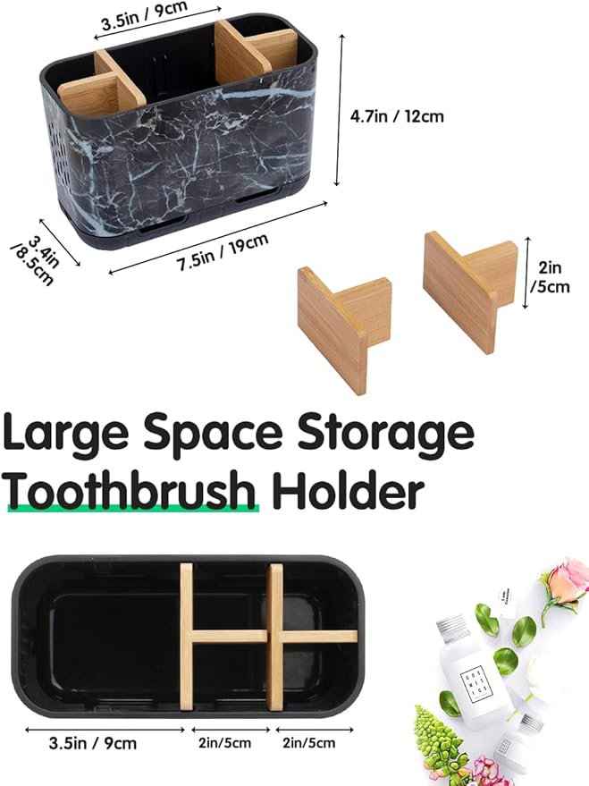 Marble Toothbrush Holders, 5 Slots Bamboo Toothbrush and Toothpaste Holder for Bathroom Counter with Drainage, Kids Electric Toothbrush Organizer, Black Toothbrush Holders for Bathrooms