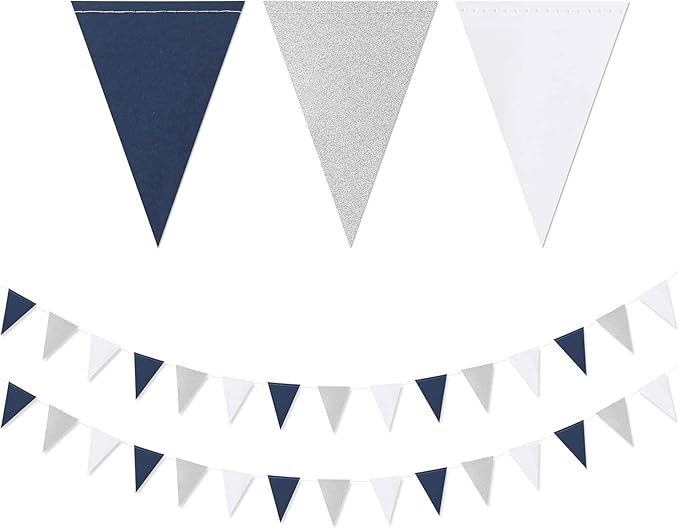 Navy-Blue White-Silver Party Decorations Banner - 2 Pack Men Birthday Graduation 2024 Glitter Sprinkles Paper Pennant Triangle Flags, Fathers Day Wedding Baby bridal Shower Bunting Lasting Surprise