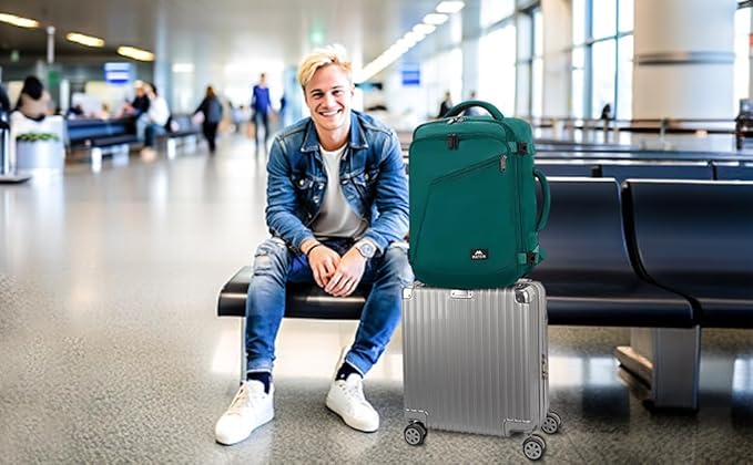 MATEIN Travel Backpack for Men Women, Carry on Backpack for Airplanes, Simple Daypack with Trolley Sleeve, Gifts for International Travelers, 35L, Peacock Blue