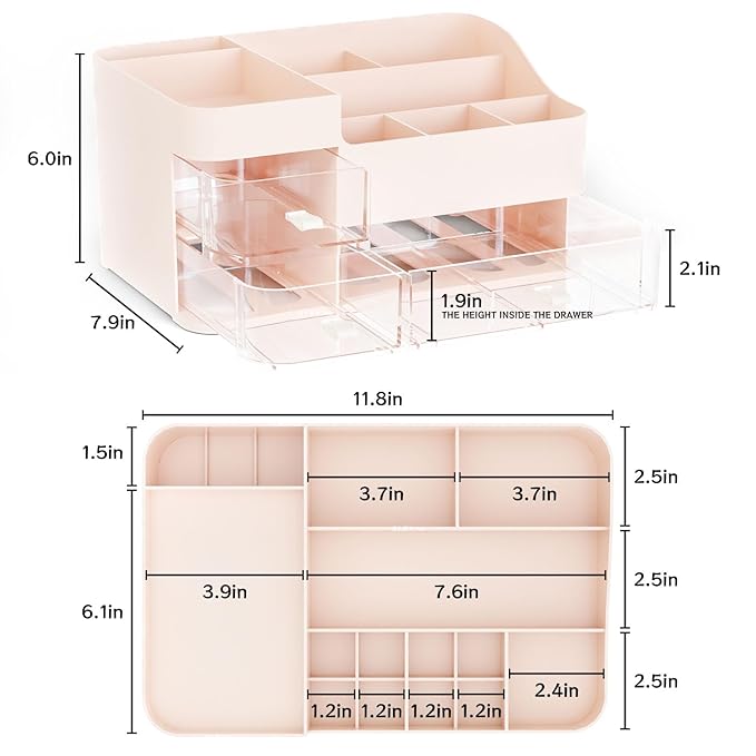 Pink Make up Organizers for Vanity with 3 Drawers,Large Skincare Organizers for Countertop,Desk,Dresser,Plastic Bathroom Counter Organizer for Eyeshadow Palettes,Perfume,Make up Brush Organization