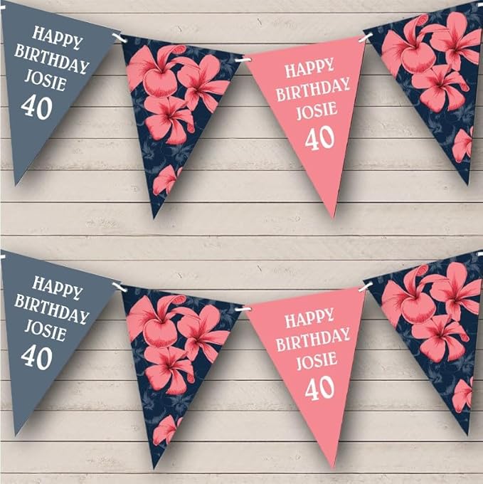 Blue Pink Flowers Hawaii Pattern Age Personalized Birthday Party Bunting - Hanging Party Decoration - Birthday Party Banner Garland | Decorative Party Supplies