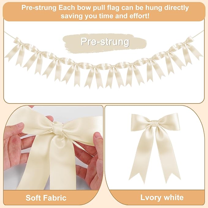 Ivory White Bow Garland Bow Banner Bow Party Decorations Pre-Strung Large Coquette Satin Ribbon for Birthday Bachelorette Party Bridal Shower Wedding Engagement Baby Shower