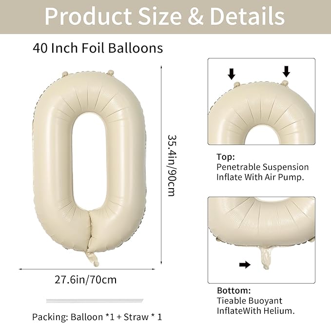 Biapian 40 Inch Letter O Balloons, Giant Cream O Foil Balloon, Big Single Alphabet A-Z Balloons, Beige Large Aluminum O Balloons Helium for Birthday, Baby Shower, Wedding, Anniversary Party Decoration