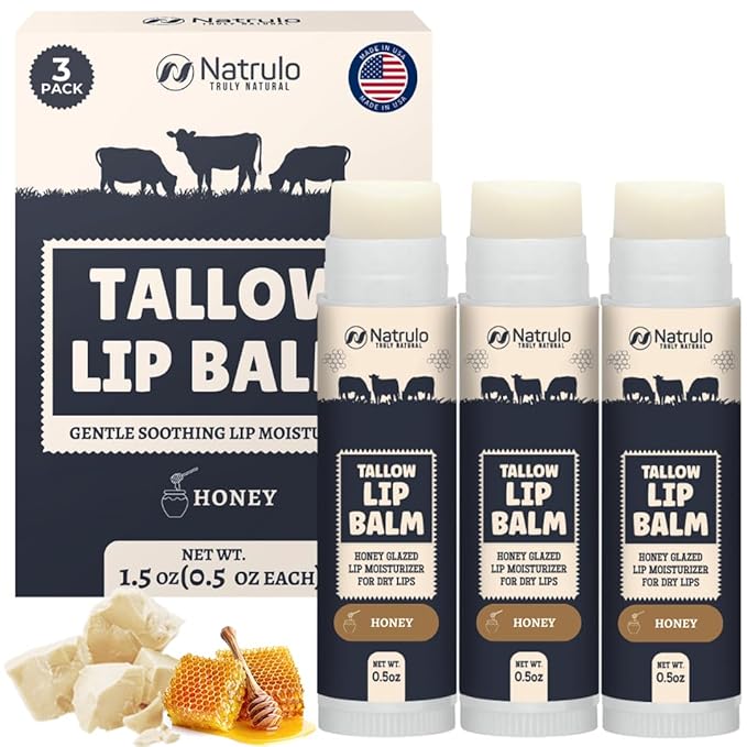 Beef Tallow Lip Balm – Natural Tallow Beeswax Chapstick – Hydrating Moisturizer Grass Fed Bison Tallow Balm Lip Care – Soothes Chapped Dry Lips, Sensitive Skin – Long Lasting Vitamin Rich USA-Made 3Pk