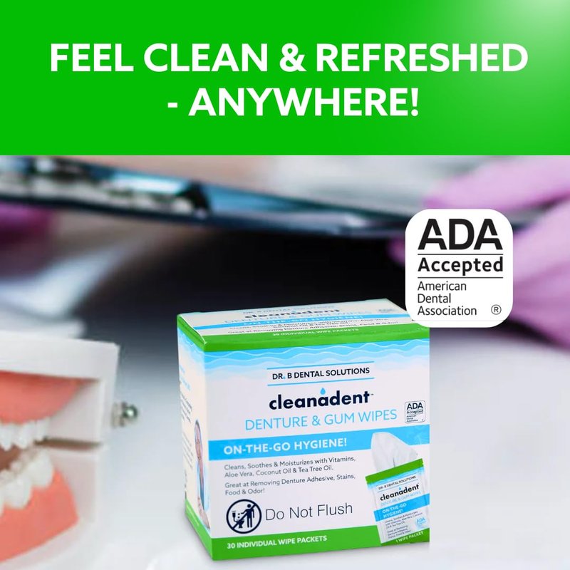 Dr. B Dental Solutions Cleanadent Wipes - Convenient Denture Cleaning Wipes, Refreshes Gums, No Artificial Colors/Flavors - 60 Count