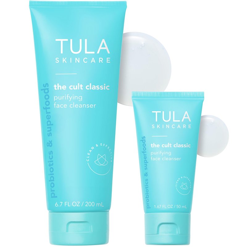 TULA Skin Care Cult Classic Purifying Face Cleanser, Full and Travel Size Duo - Gentle and Effective Face Wash, Makeup Remover, Nourishing and Hydrating, Set of 2