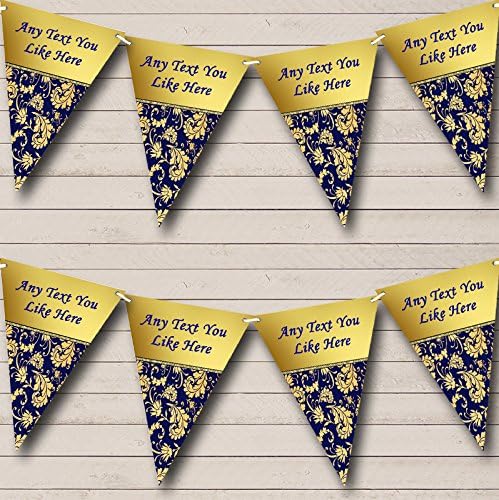 Navy Blue and Regal Gold Damask Personalized Birthday Party Bunting - Hanging Party Decoration - Birthday Party Banner Garland | Decorative Party Supplies