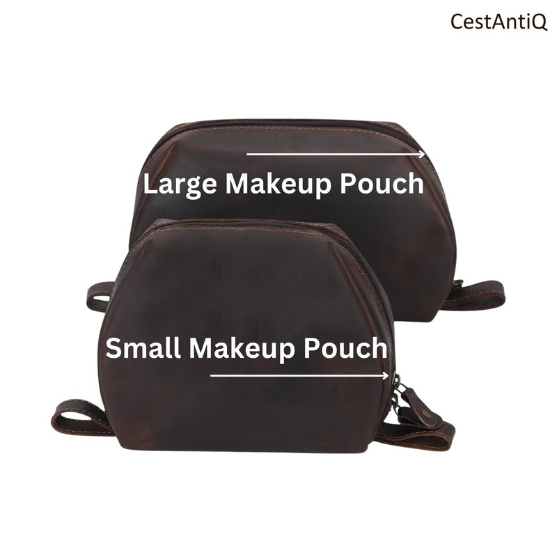 CestAntiQ Leather Travel Makeup Bag – Large Cosmetic Case with Brush Holders, Clear Toiletry Organizer for Women, Professional Makeup Pouch (Brown) (Small Toiletry Kit)