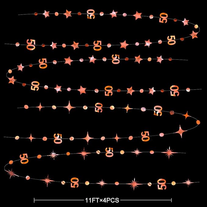 Rose Gold 50th Birthday Decorations Number 50 Circle Dot Twinkle Star Garland Metallic Hanging Streamer Bunting Banner Backdrop for 50 Year Old Birthday Happy 50th Anniversary Fiftieth Party Supplies