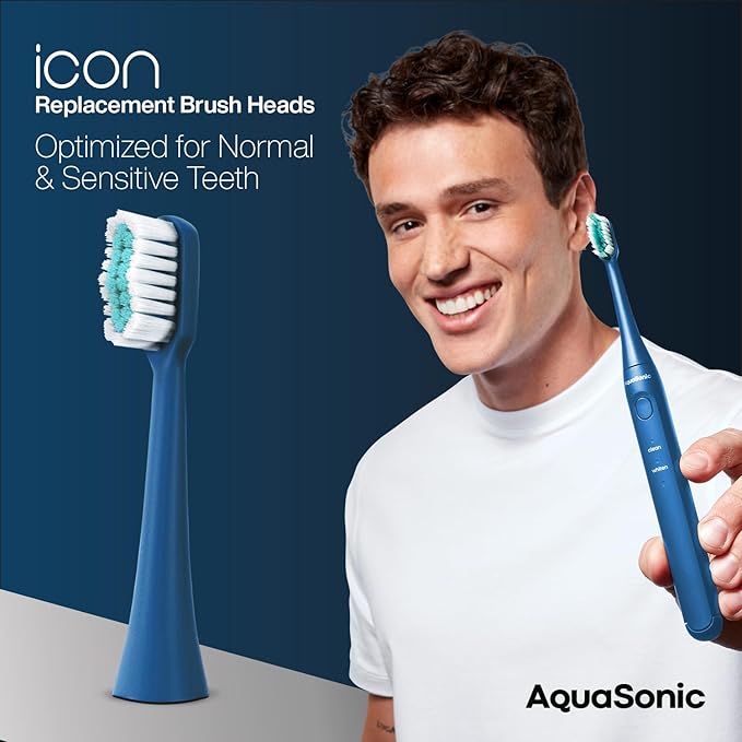 AquaSonic Genuine Icon Replacement Brush Heads | Compatible with AquaSonic Icon Toothbrush | 2 Brush Heads | for Normal & Sensitive Teeth (Navy)