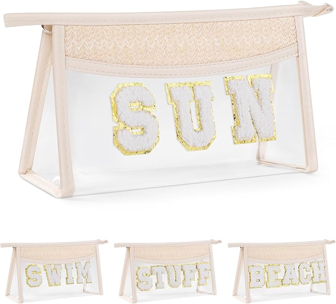 Etercycle Boho Patch SUN Cosmetic Bag, Transparent PVC Travel MakeUp Pouch Waterproof Toiletry Organizer, Small Chenille Varsity Letter Patch Bag Woven Makeup Bag