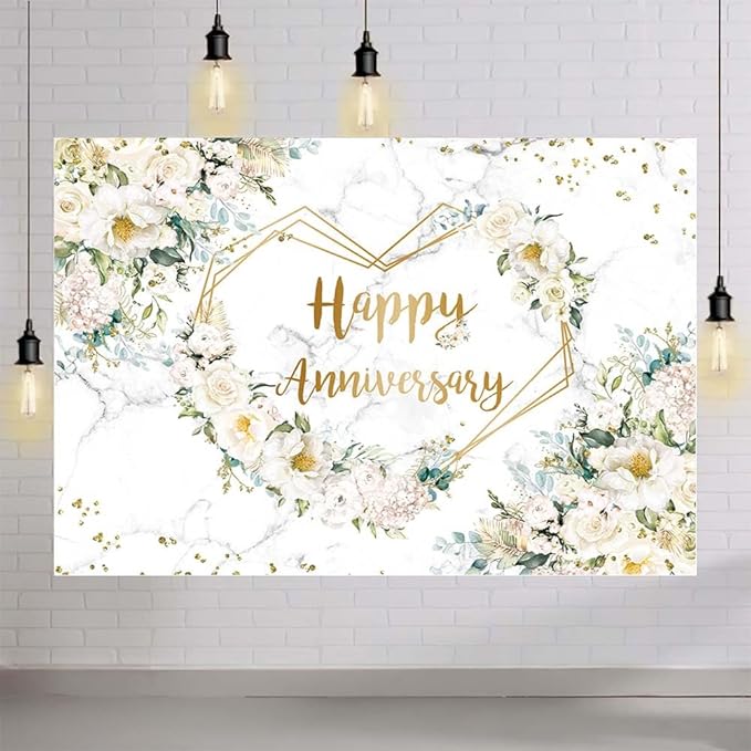 MEHOFOND 10x7ft Happy Anniversary Backdrop White Floral Wedding Anniversary Photography Background Hearts Geometric Couple Wedding Bridal Shower Women Birthday Party Cake Smash Decor Studio Photo Prop